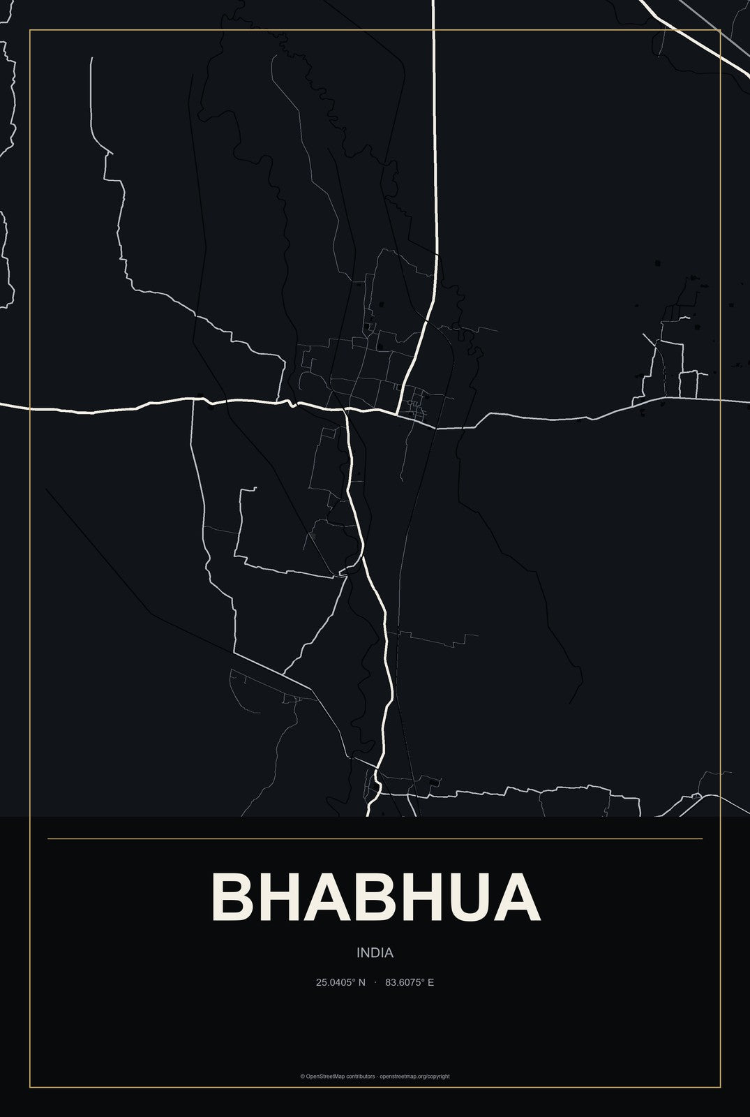 Bhabhua, India City Map Aluminum Sign in Metropolitan Noir style