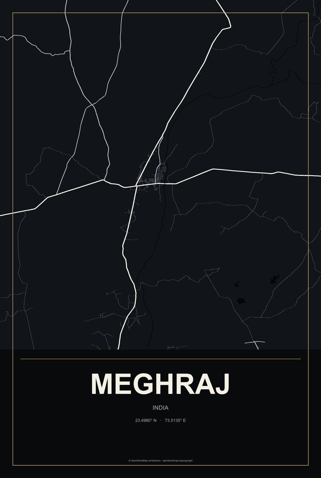 Meghraj, India City Map Aluminum Sign in Metropolitan Noir style