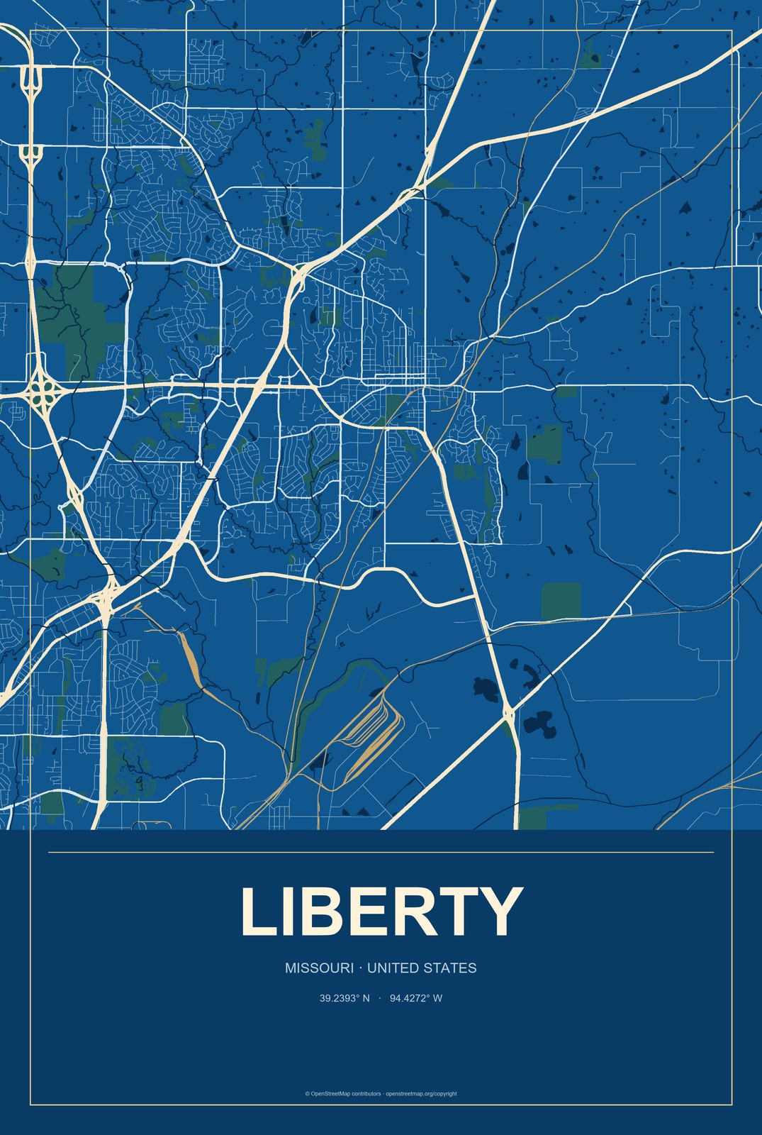 Liberty, Missouri City Map Aluminum Sign in Harbor Cobalt style
