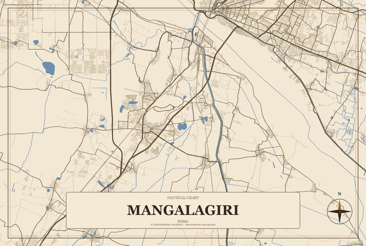 Mangalagiri, India City Map Aluminum Sign in Heritage Nautical style
