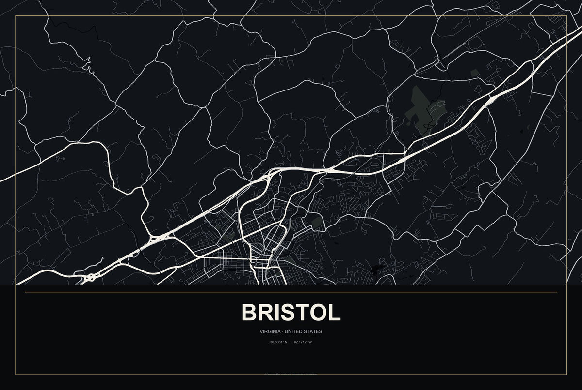 Bristol, Virginia City Map Aluminum Sign in Metropolitan Noir style