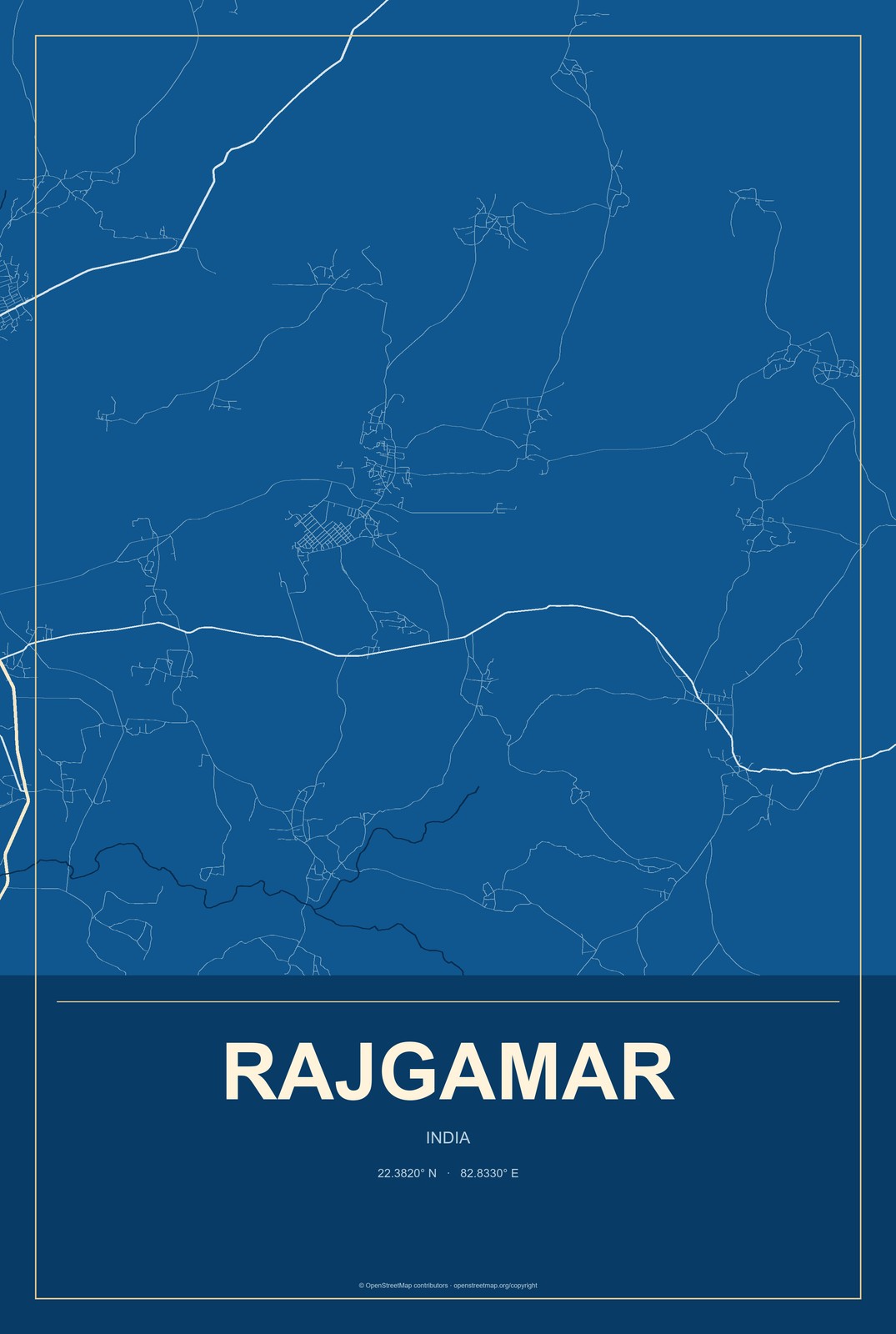 Rajgamar, India City Map Aluminum Sign in Harbor Cobalt style
