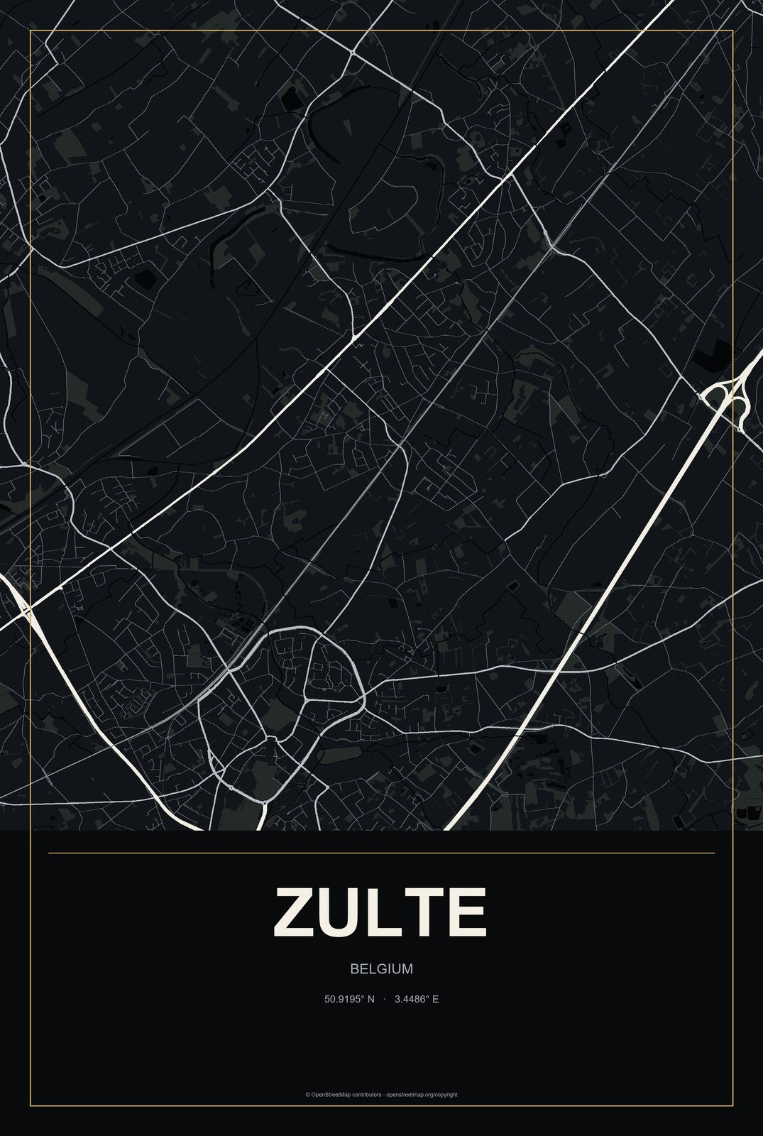 Zulte, Belgium City Map Aluminum Sign in Metropolitan Noir style