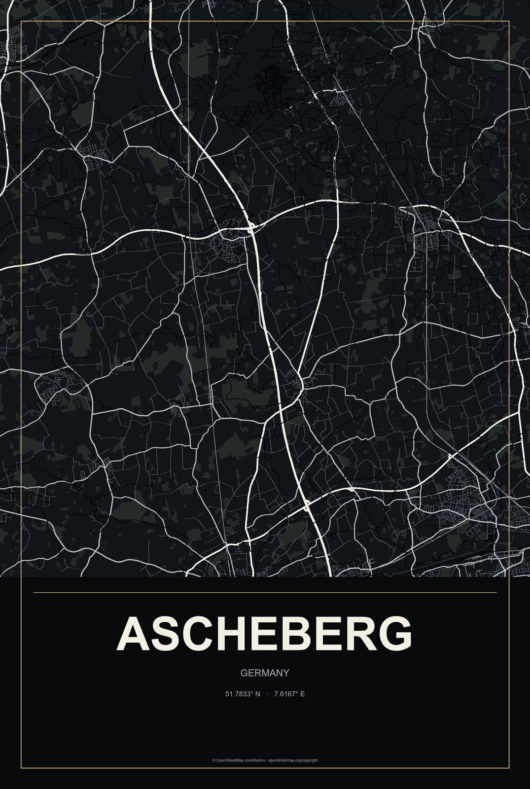 Ascheberg, Germany City Map Aluminum Sign in Metropolitan Noir style