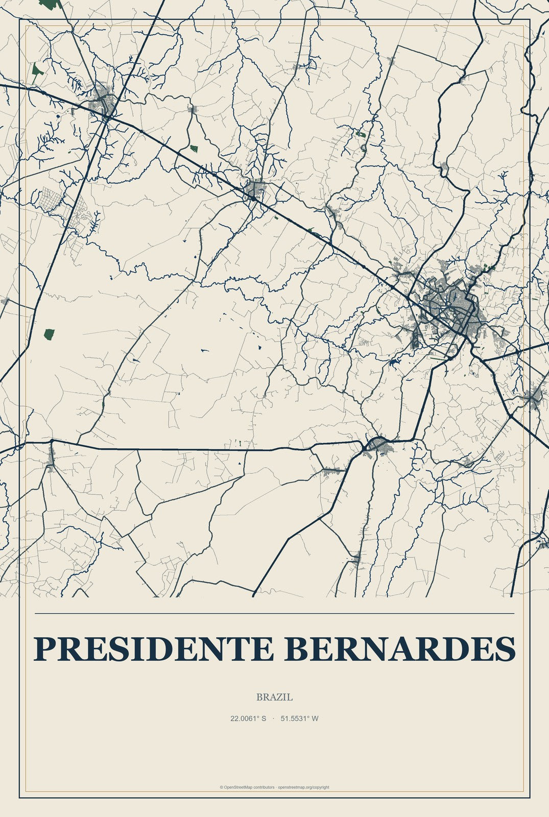 Presidente Bernardes, Brazil City Map Aluminum Sign in Coastal Cutout style