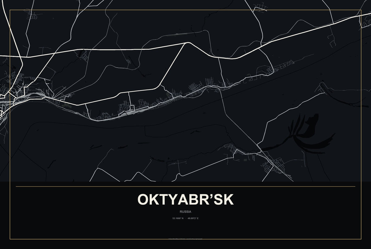 Oktyabr’sk, Russia City Map Aluminum Sign in Metropolitan Noir style