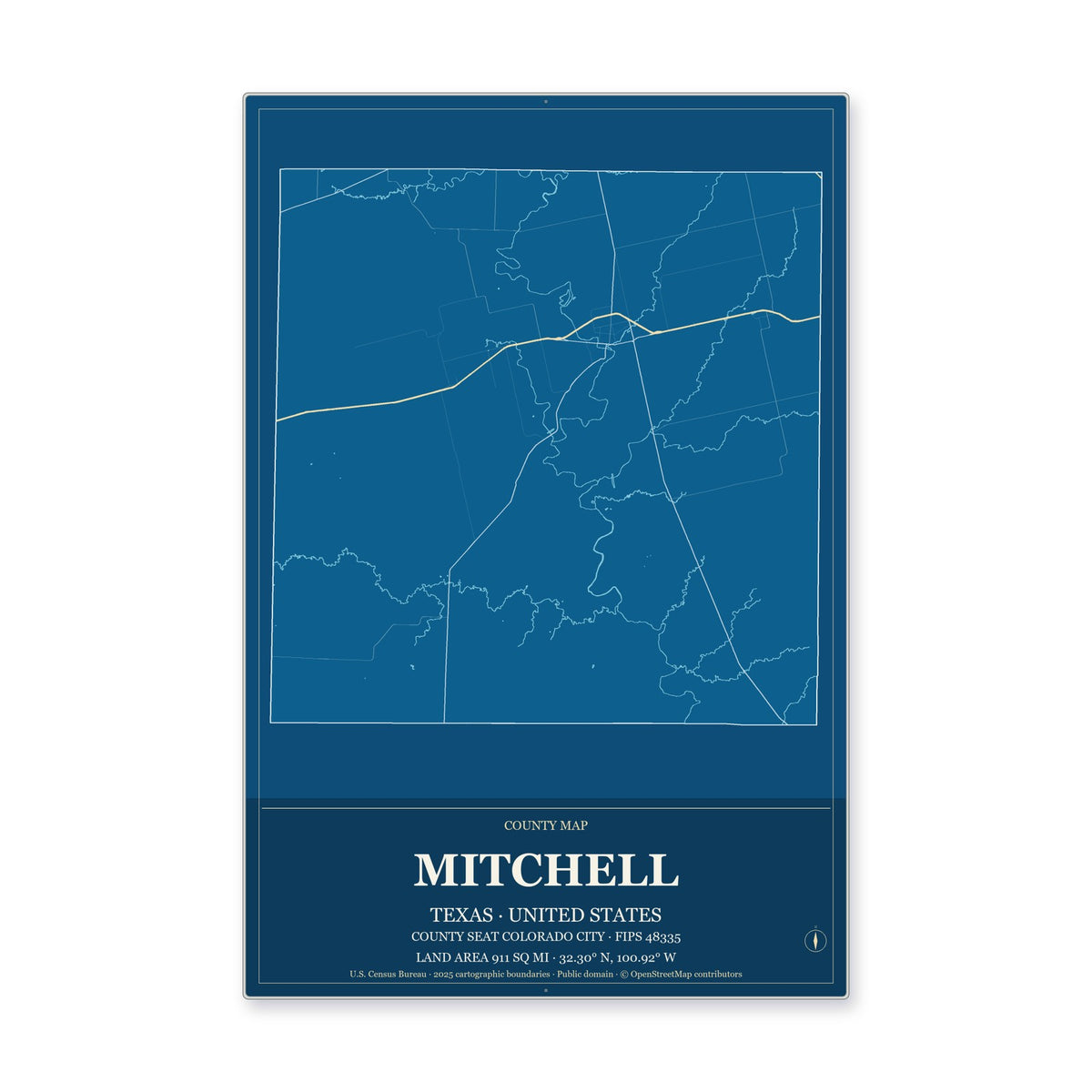 Mitchell County, Texas Map Aluminum Sign in Harbor Cobalt style