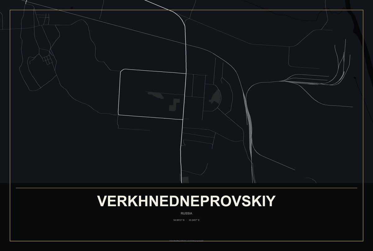 Verkhnedneprovskiy, Russia City Map Aluminum Sign in Metropolitan Noir style