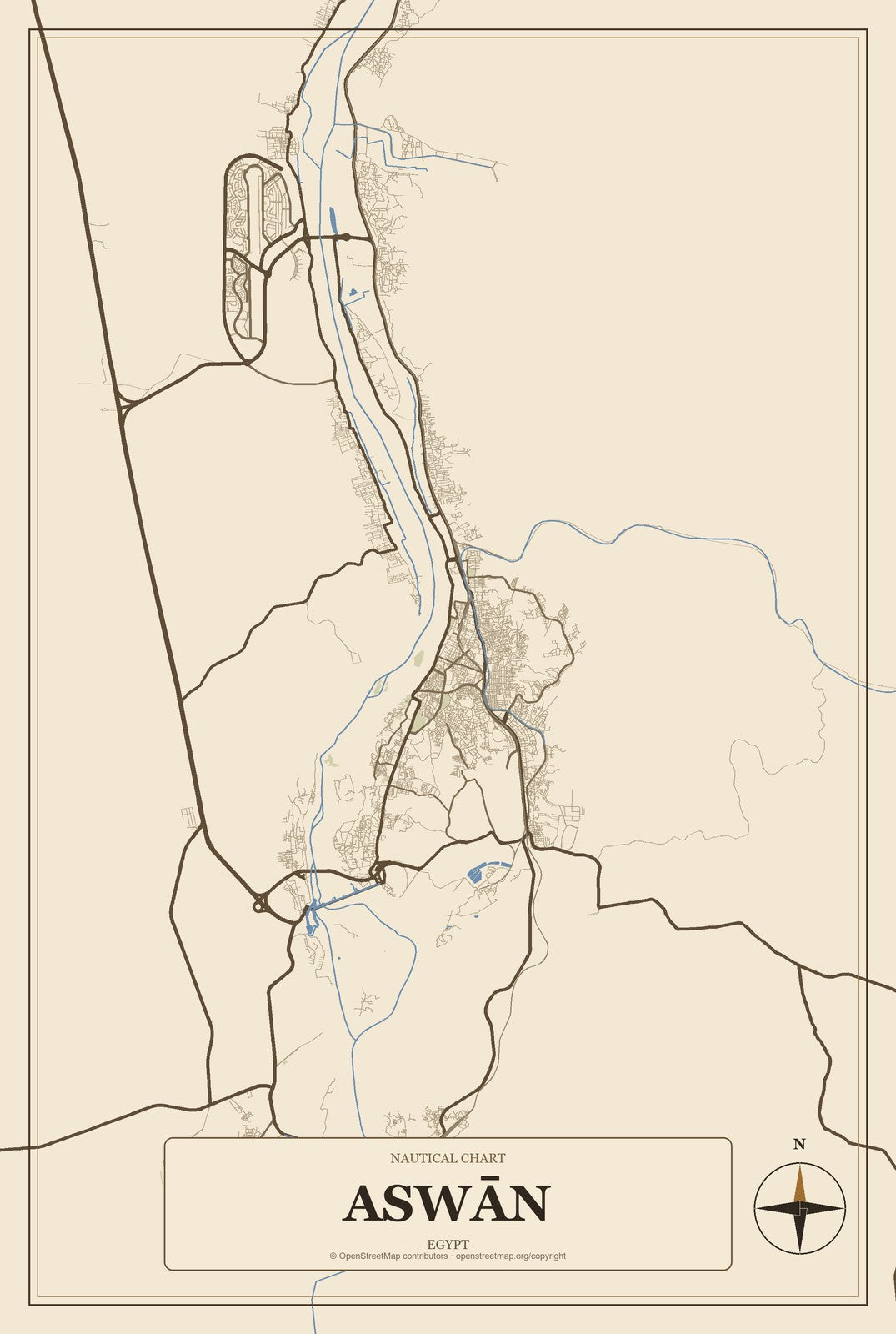 Aswān, Egypt City Map Aluminum Sign in Heritage Nautical style