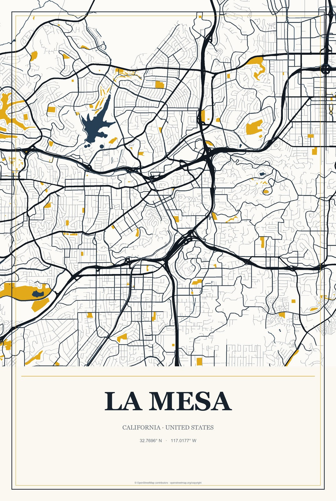 La Mesa, California City Map Aluminum Sign in Citrine Modern style