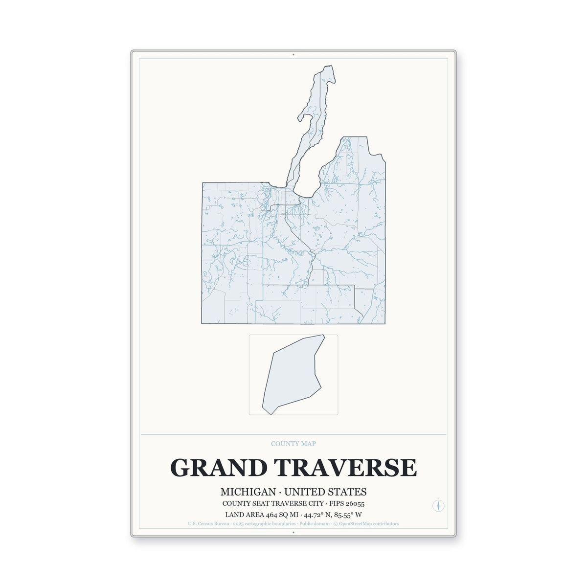 Grand Traverse County, Michigan Map Aluminum Sign in Gallery Air style