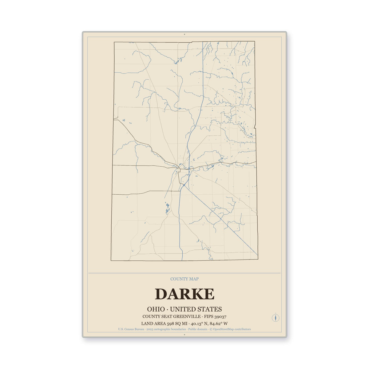 Darke County, Ohio Map Aluminum Sign in Heritage Nautical style