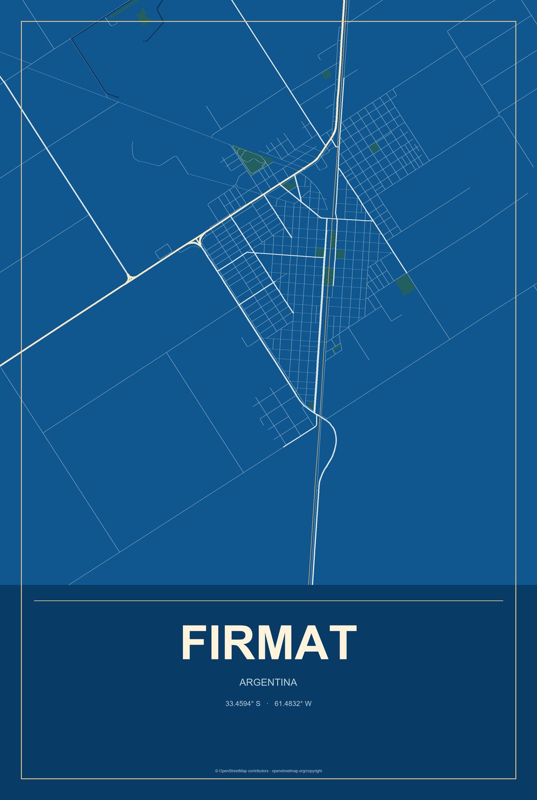 Firmat, Argentina City Map Aluminum Sign in Harbor Cobalt style