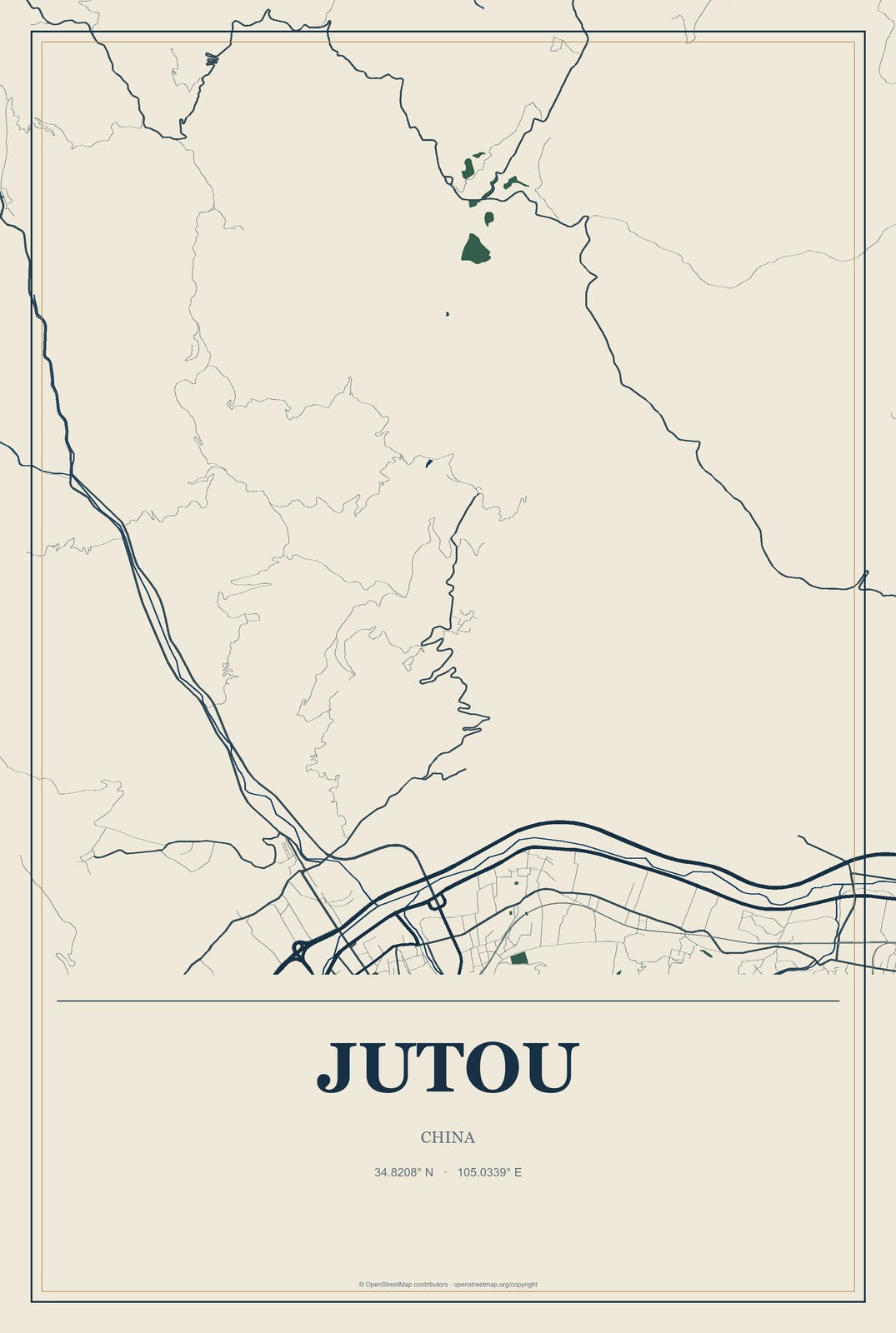 Jutou, China City Map Aluminum Sign in Coastal Cutout style