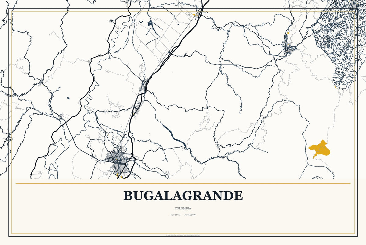 Bugalagrande, Colombia City Map Aluminum Sign in Citrine Modern style