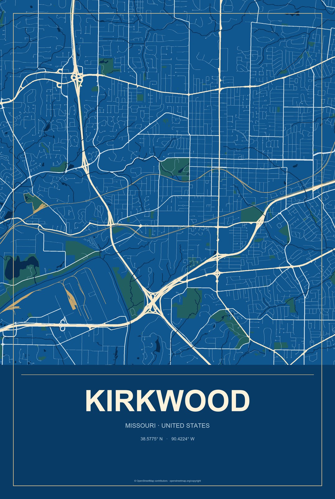 Kirkwood, Missouri City Map Aluminum Sign in Harbor Cobalt style