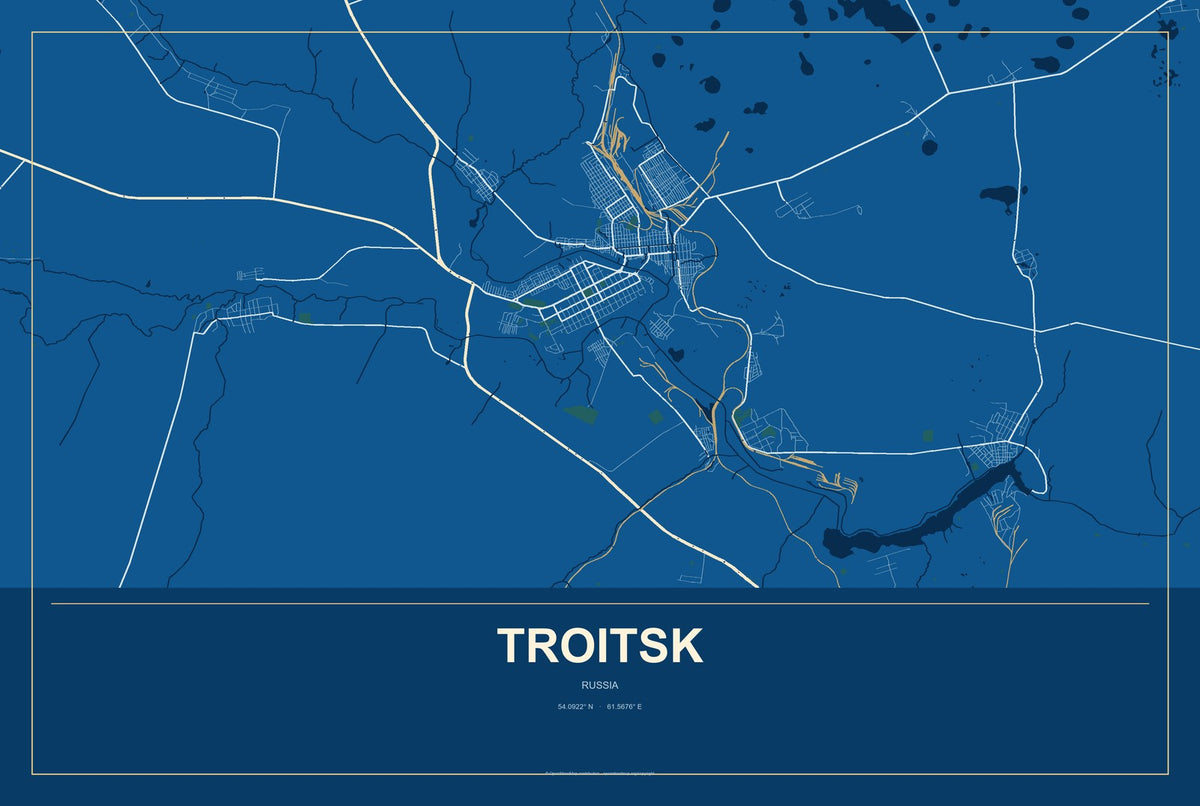 Troitsk, Moscow, Russia City Map Aluminum Sign in Harbor Cobalt style