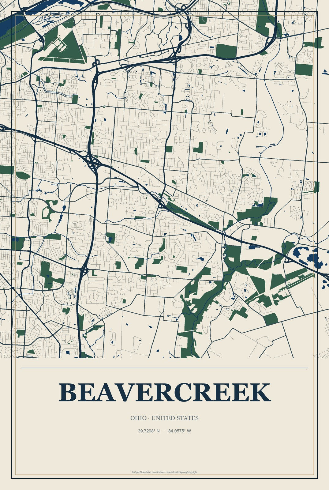 Beavercreek, Ohio City Map Aluminum Sign in Coastal Cutout style