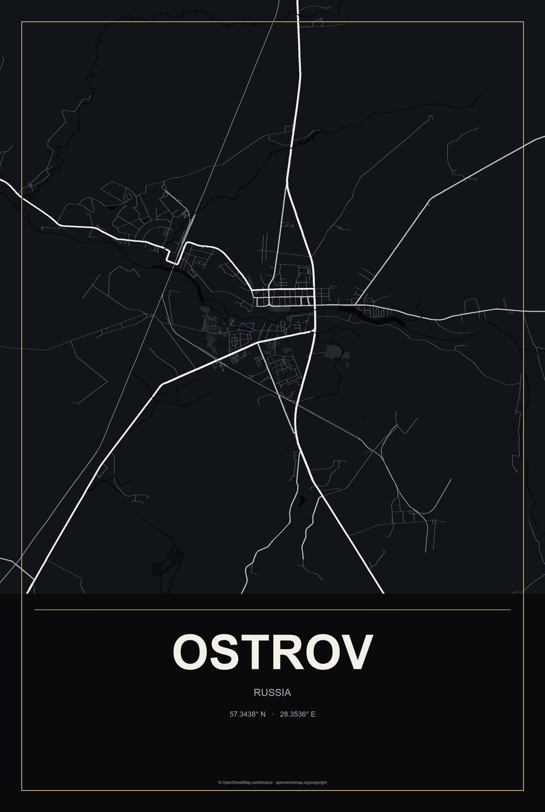 Ostrov, Russia City Map Aluminum Sign in Metropolitan Noir style