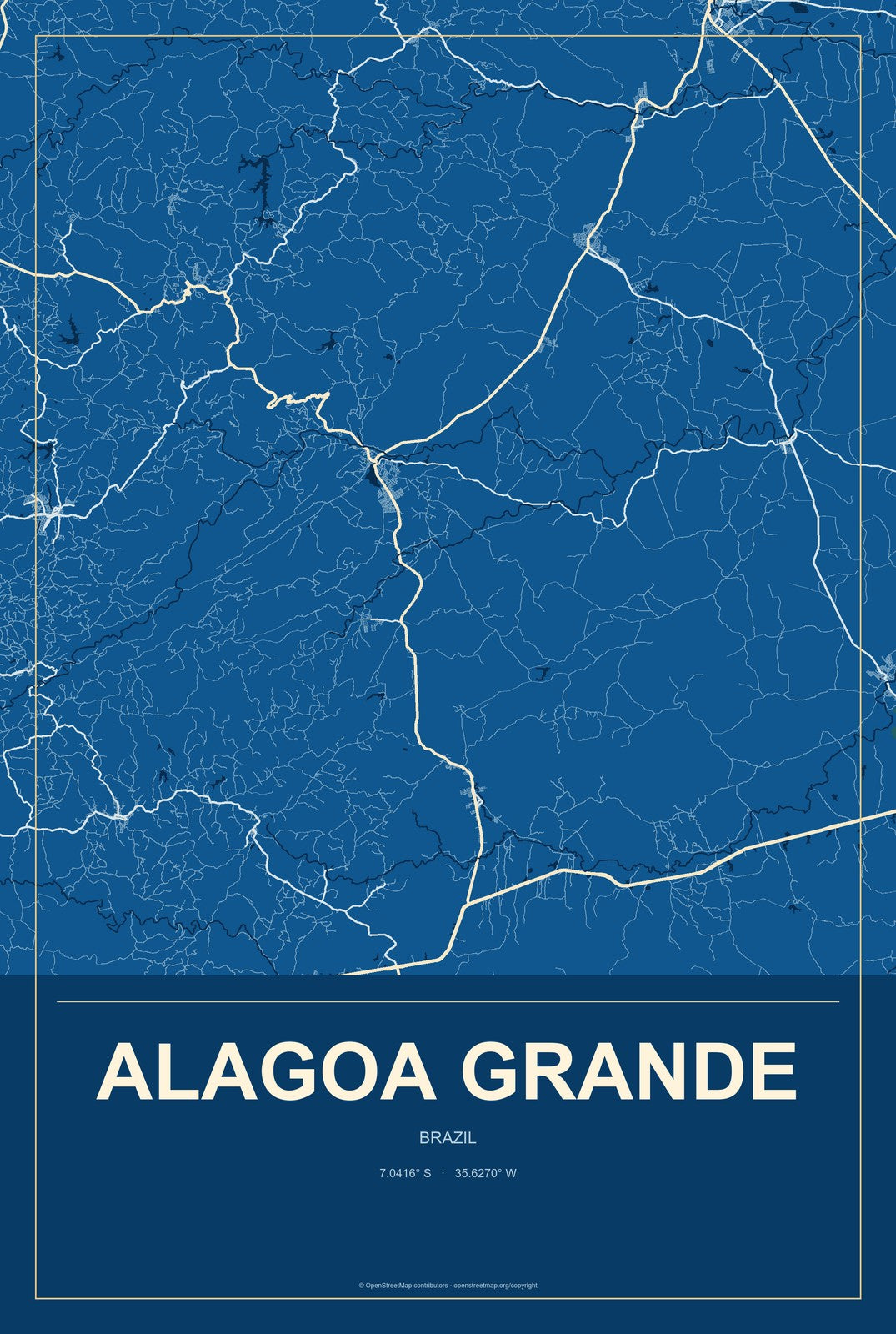 Alagoa Grande, Brazil City Map Aluminum Sign in Harbor Cobalt style
