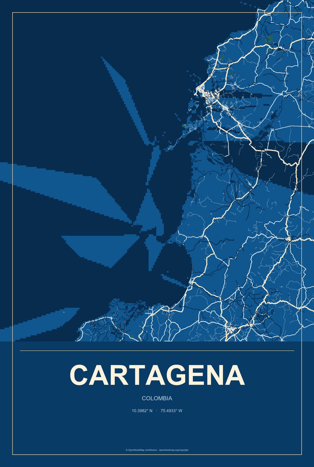 Cartagena, Colombia City Map Aluminum Sign in Harbor Cobalt style