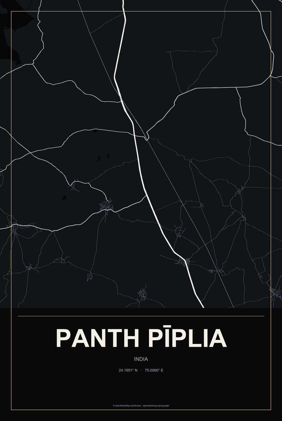 Panth Pīplia, India City Map Aluminum Sign in Metropolitan Noir style