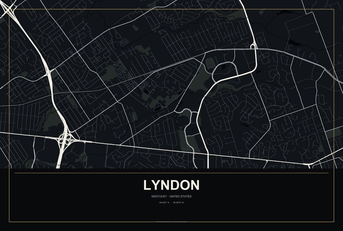 Lyndon, Kentucky City Map Aluminum Sign in Metropolitan Noir style