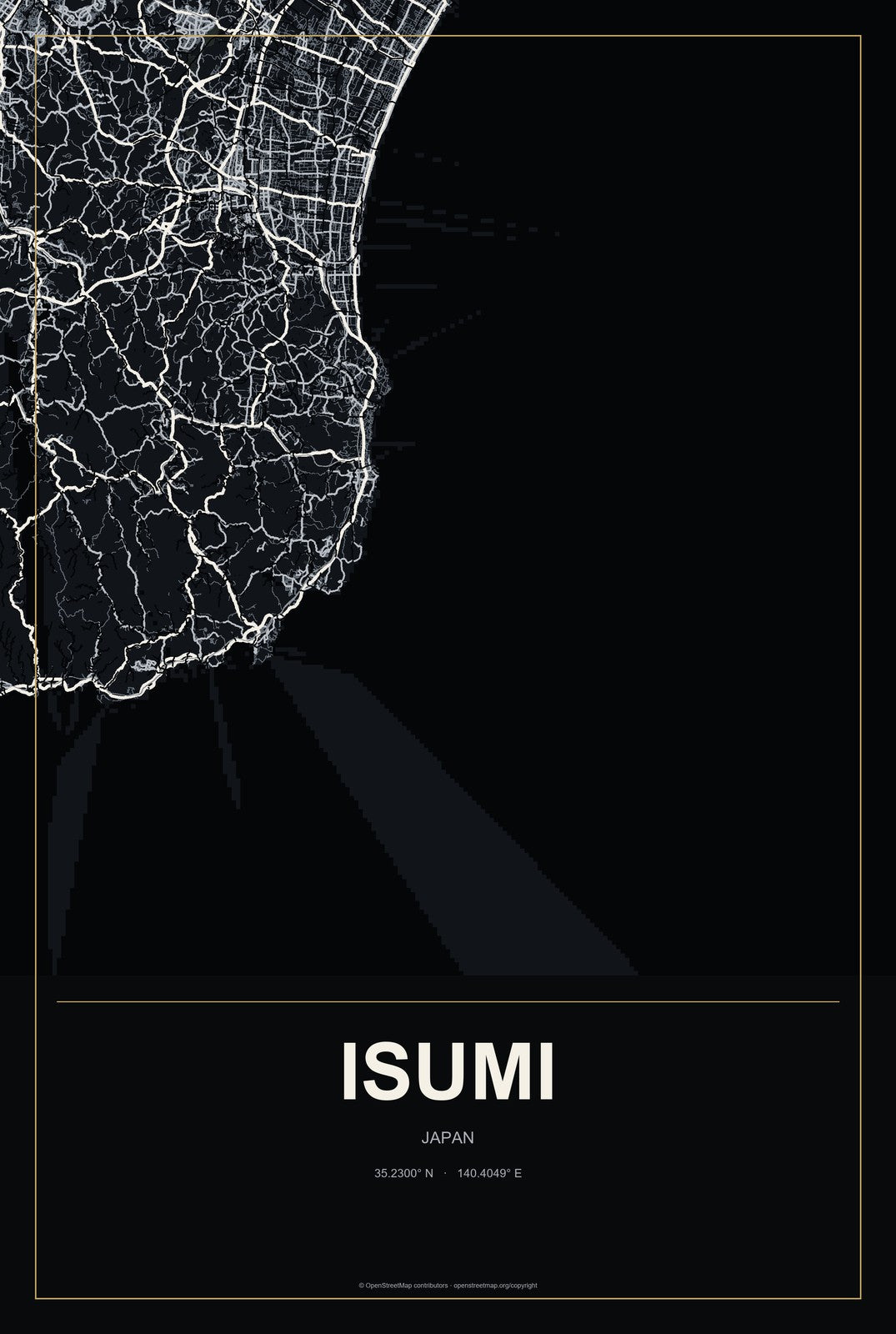 Isumi, Japan City Map Aluminum Sign in Metropolitan Noir style