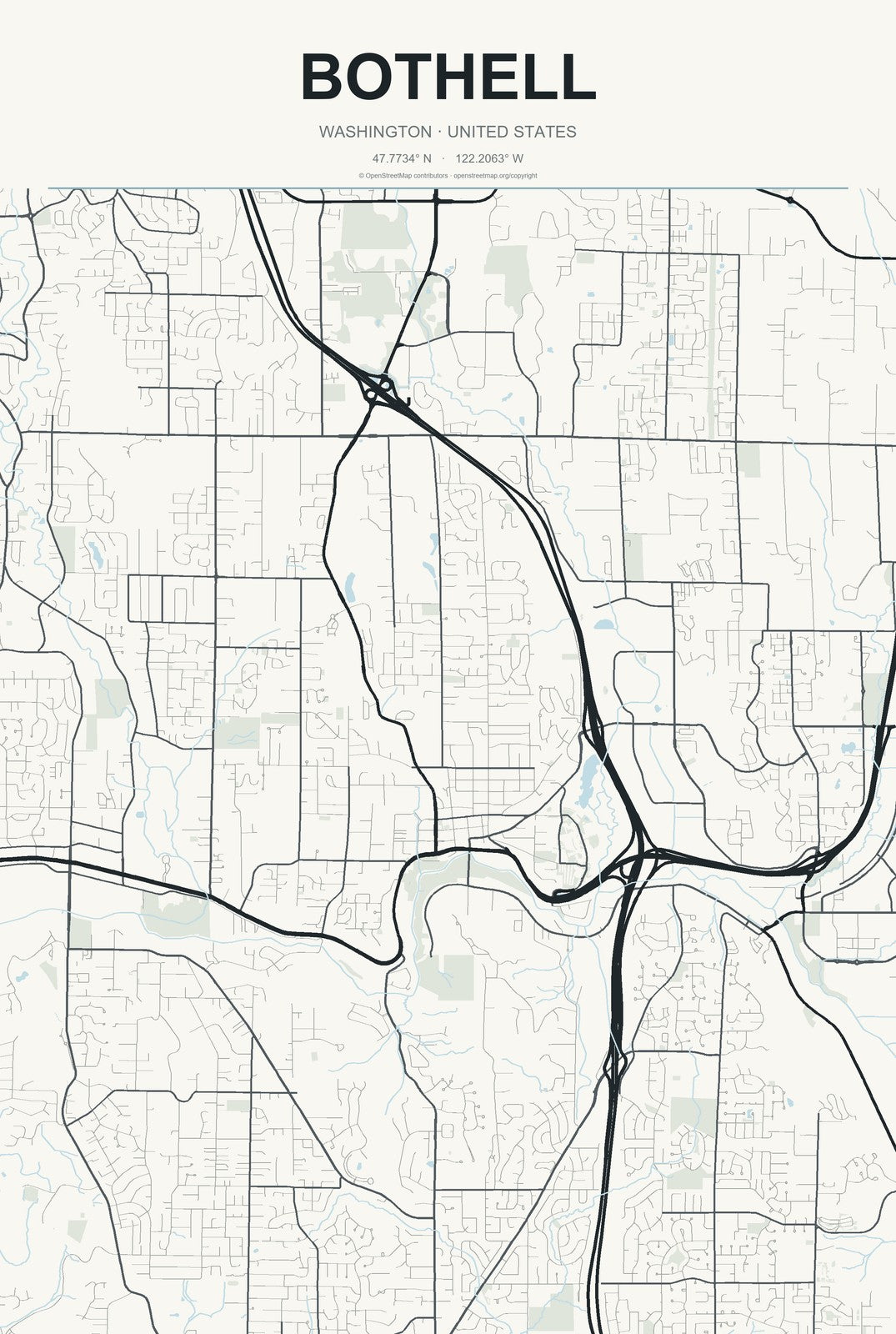 Bothell, Washington City Map Aluminum Sign in Headline Atlas style