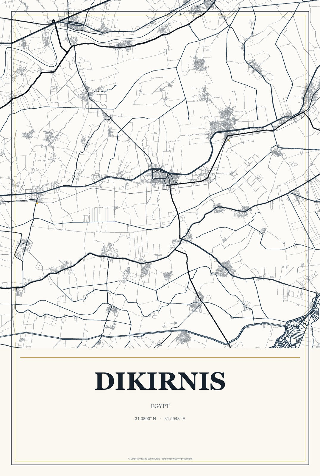 Dikirnis, Egypt City Map Aluminum Sign in Citrine Modern style