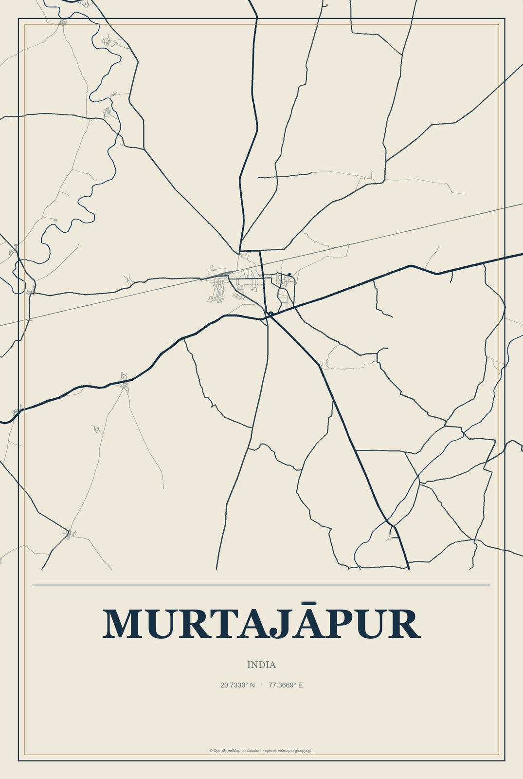 Murtajāpur, India City Map Aluminum Sign in Coastal Cutout style