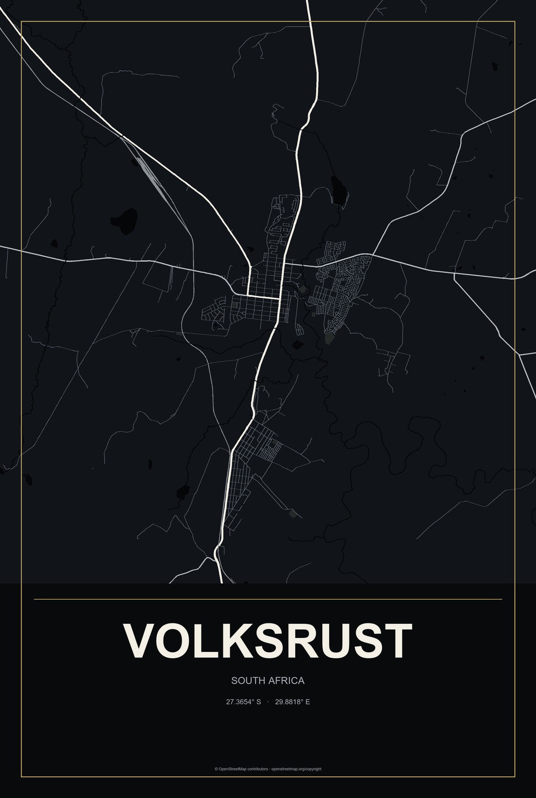 Volksrust, South Africa City Map Aluminum Sign in Metropolitan Noir style