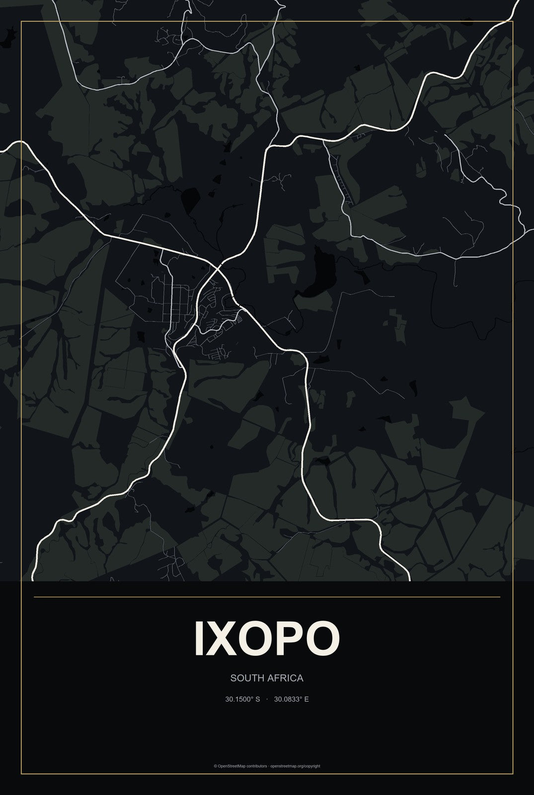 Ixopo, South Africa City Map Aluminum Sign in Metropolitan Noir style