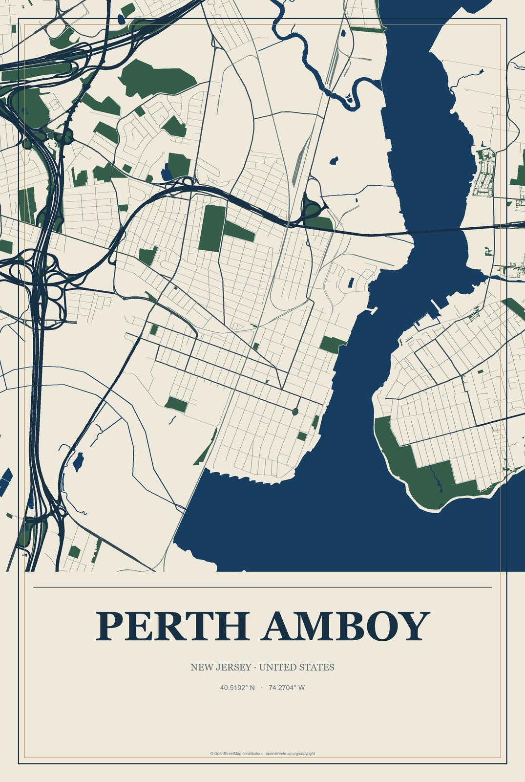 Perth Amboy, New Jersey City Map Aluminum Sign in Coastal Cutout style