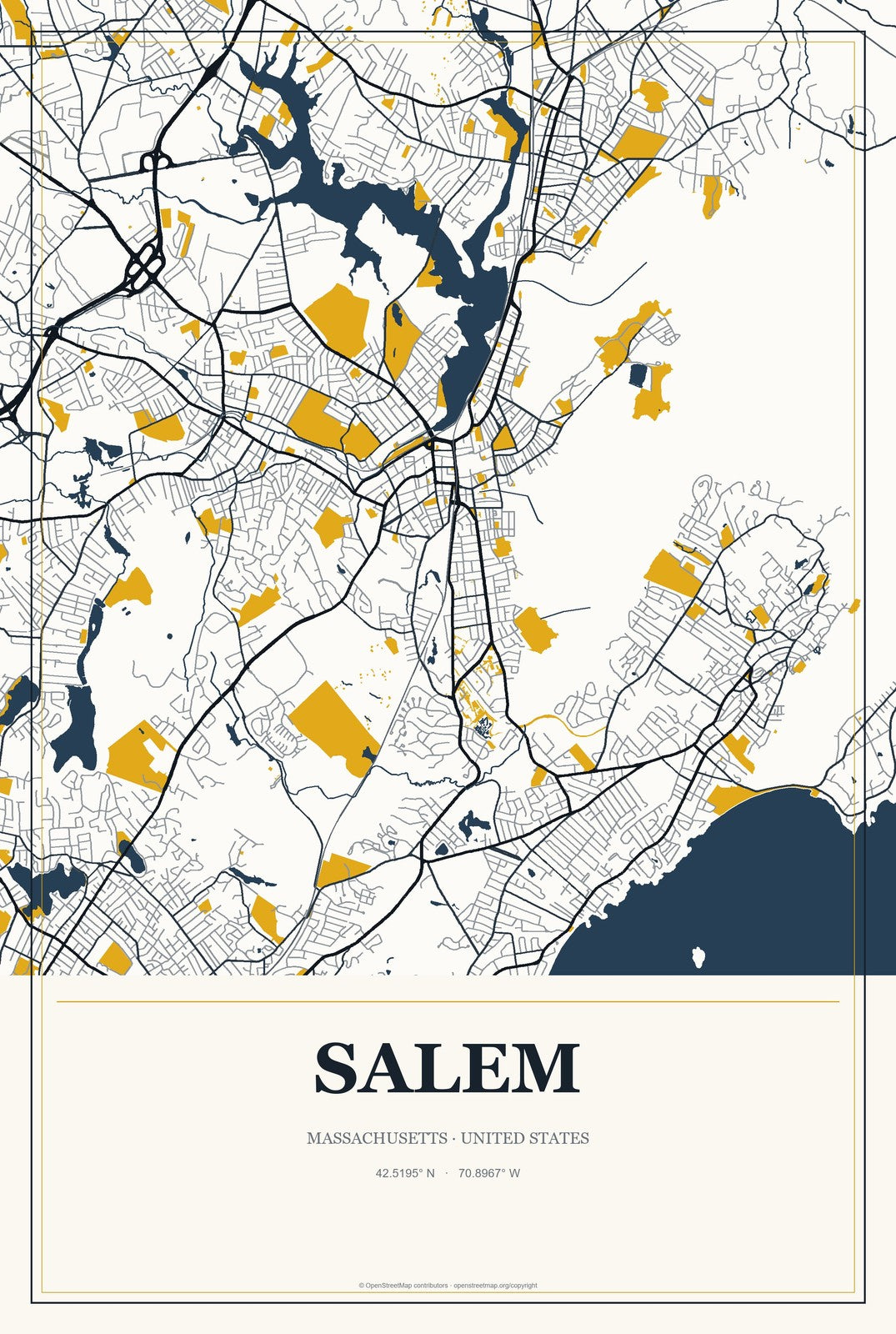 Salem, Massachusetts City Map Aluminum Sign in Citrine Modern style