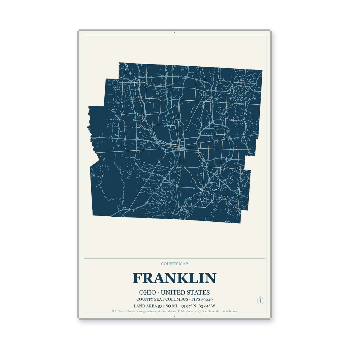 Franklin County, Ohio Map Aluminum Sign in Coastal Cutout style