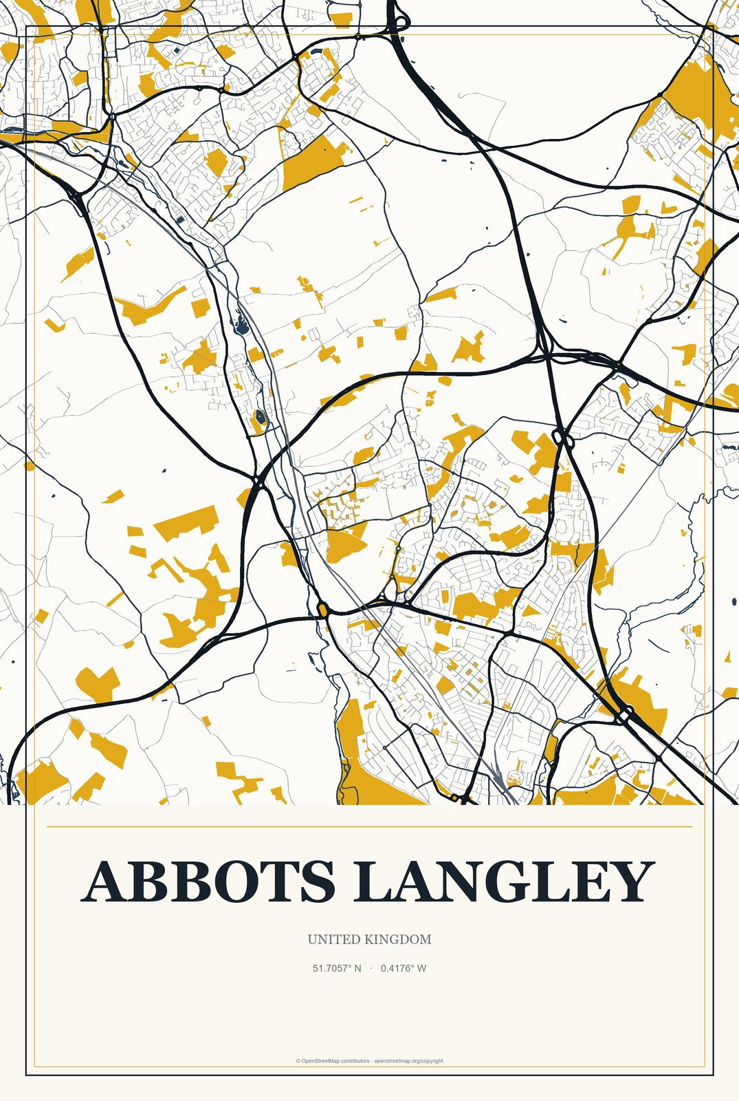 Abbots Langley, United Kingdom City Map Aluminum Sign in Citrine Modern style