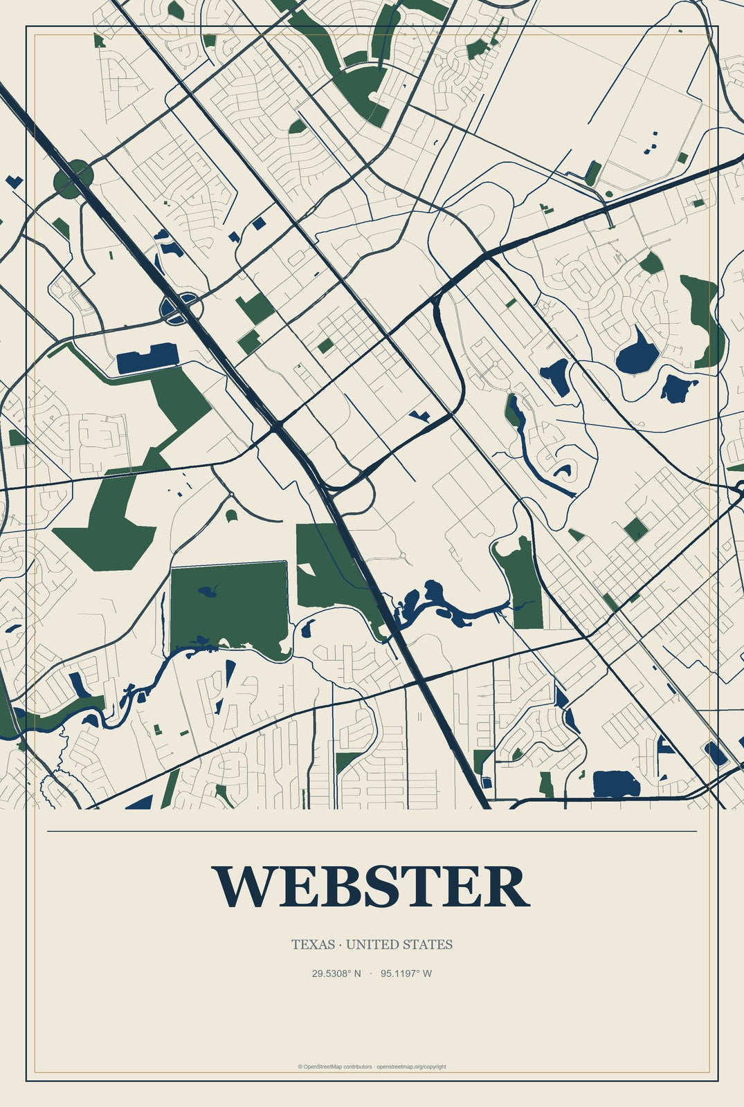 Webster, Texas City Map Aluminum Sign in Coastal Cutout style