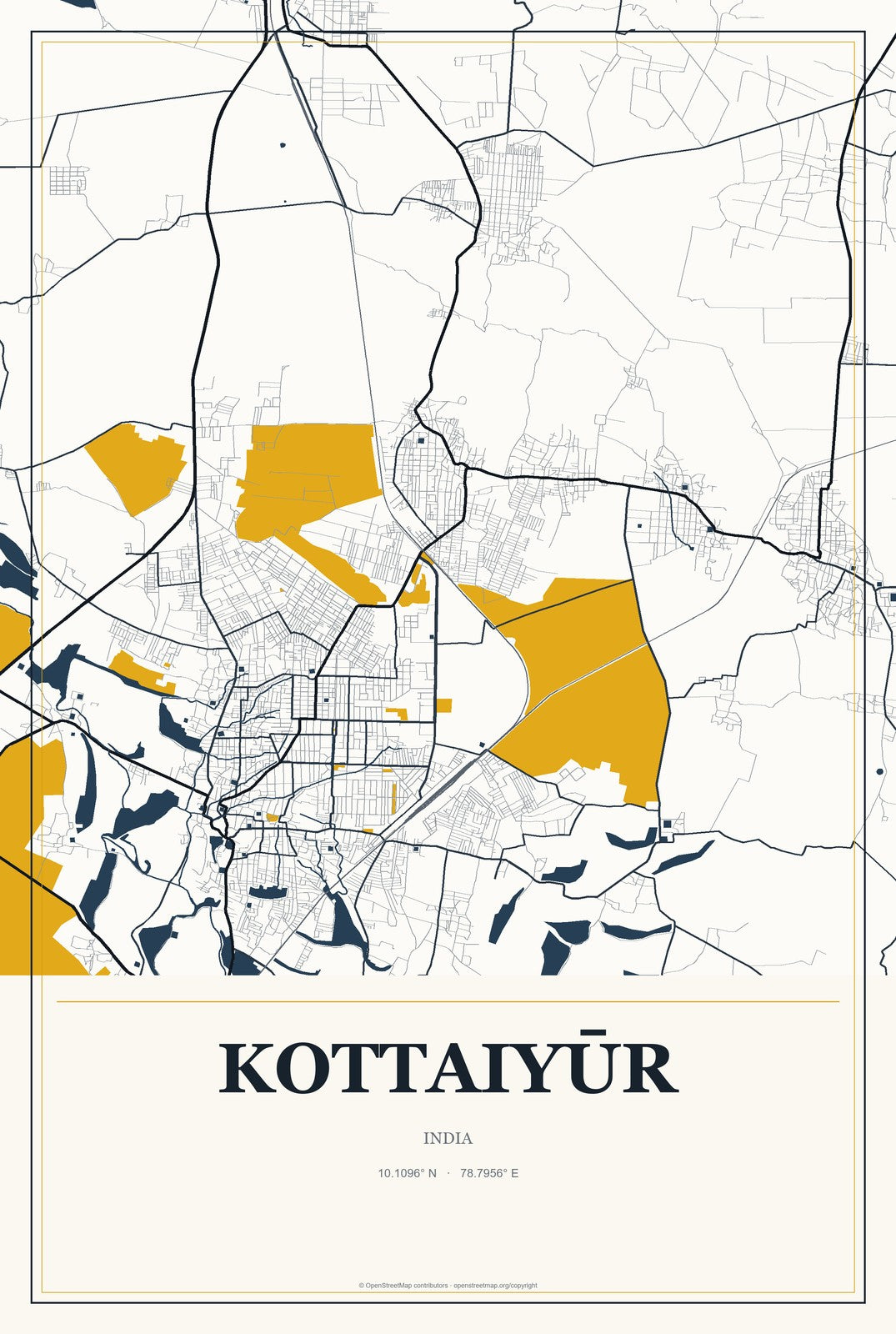Kottaiyūr, India City Map Aluminum Sign in Citrine Modern style