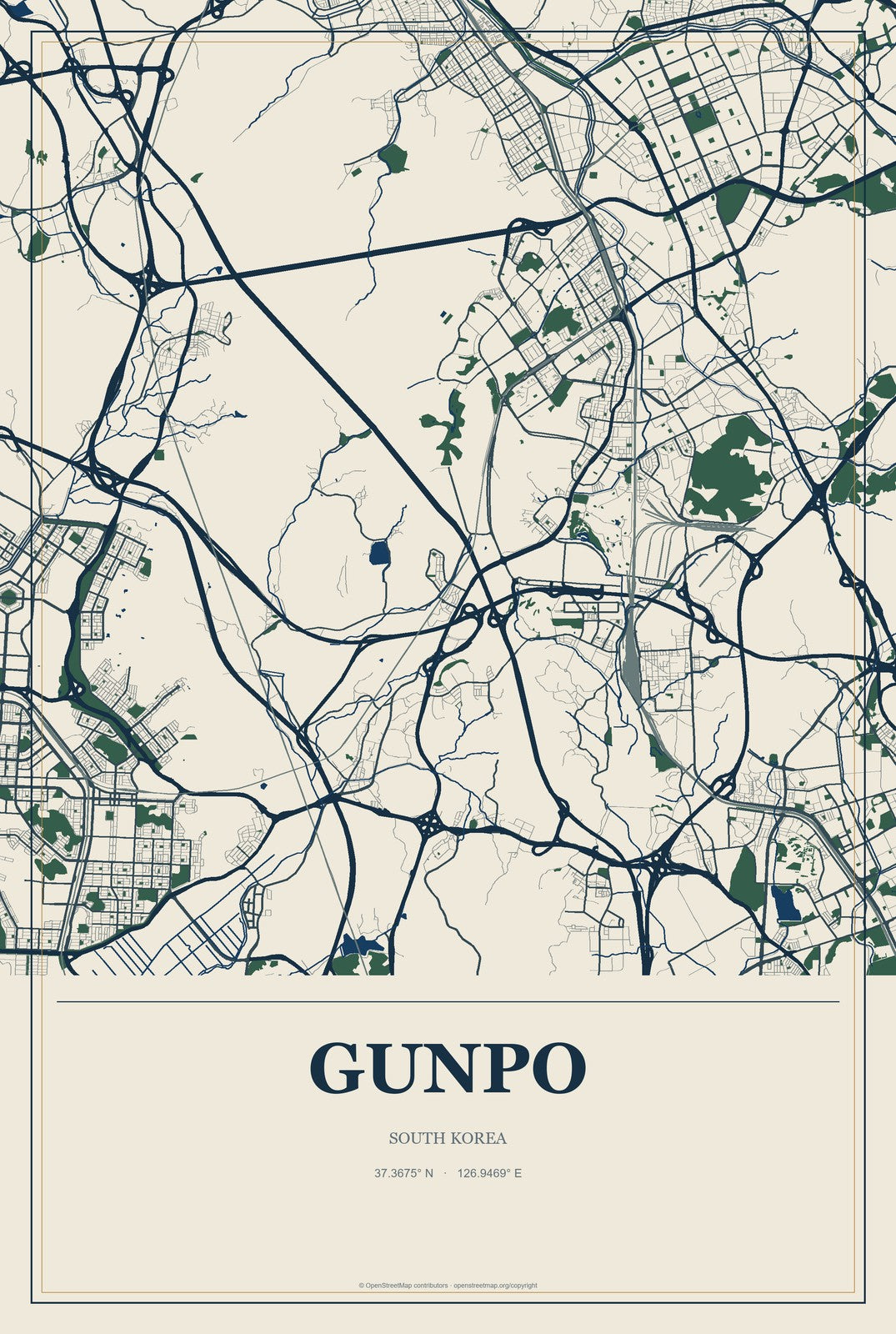 Gunpo, South Korea City Map Aluminum Sign in Coastal Cutout style