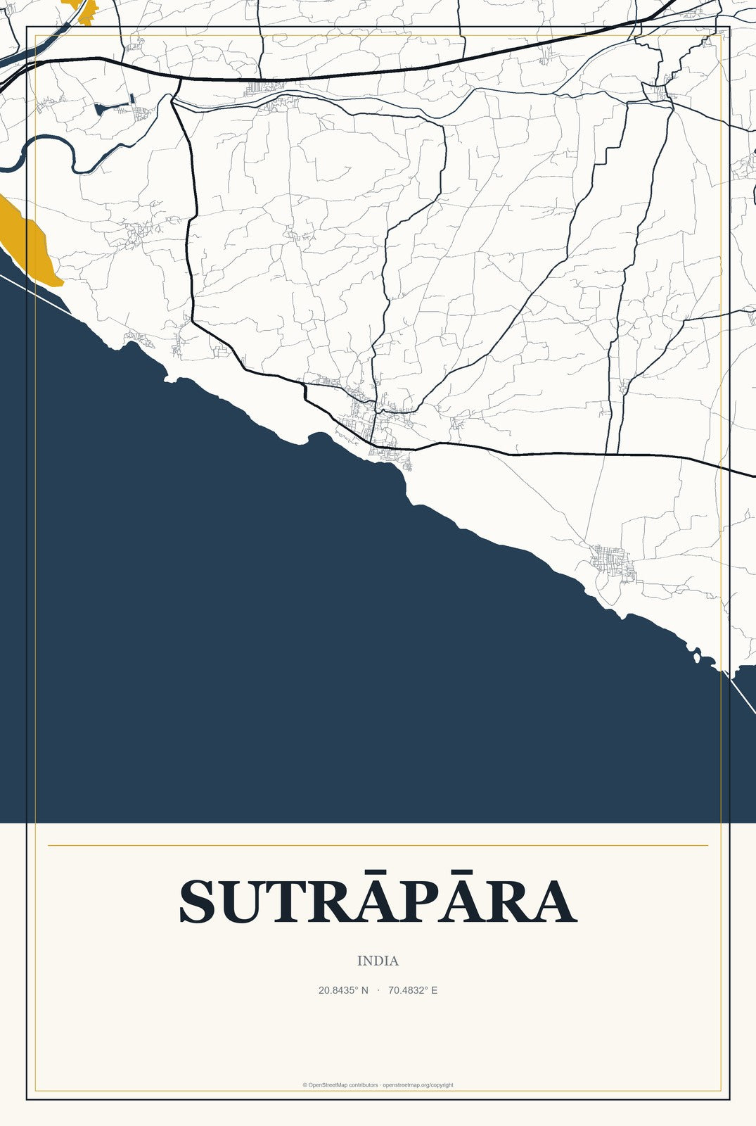 Sutrāpāra, India City Map Aluminum Sign in Citrine Modern style