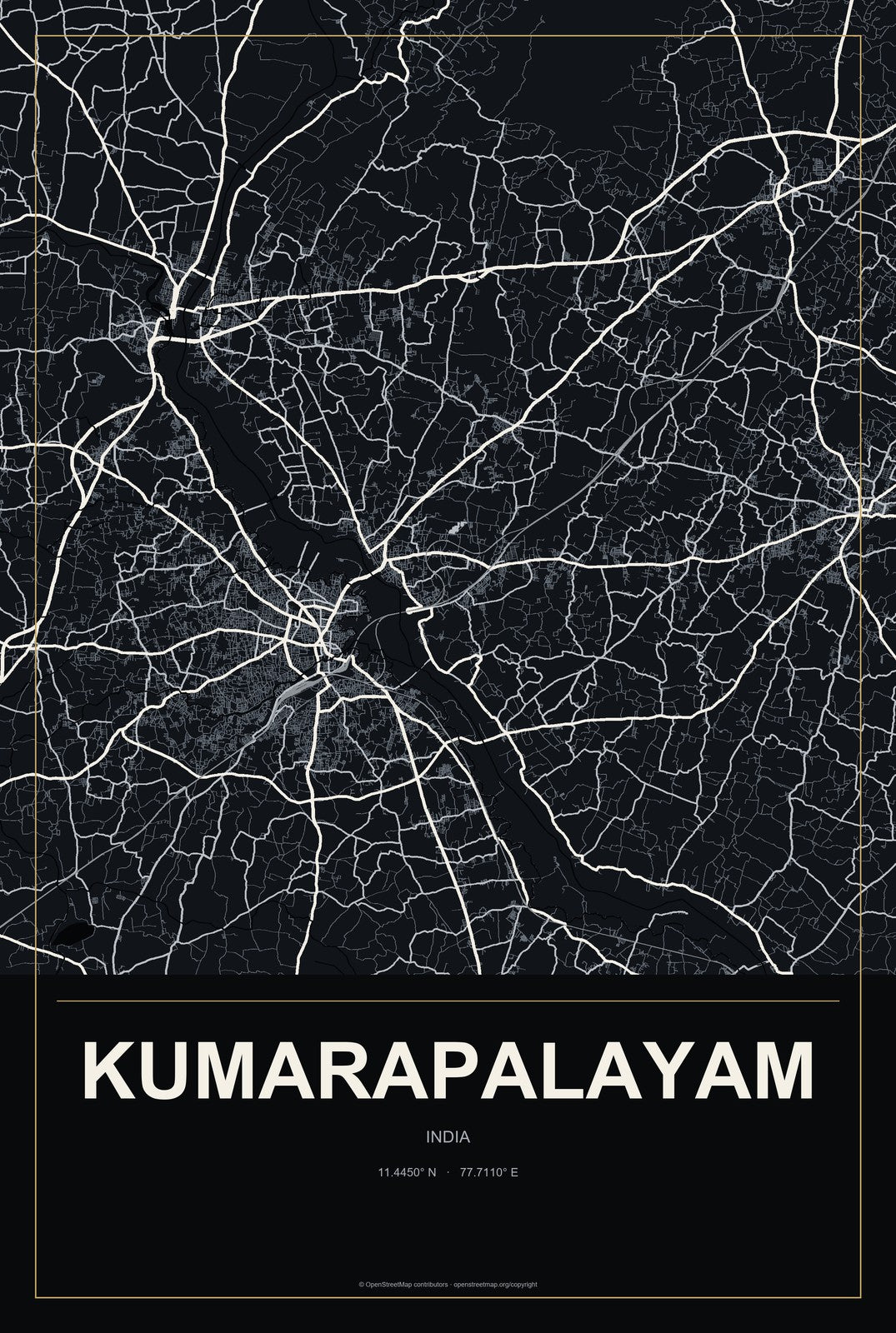 Kumarapalayam, India City Map Aluminum Sign in Metropolitan Noir style
