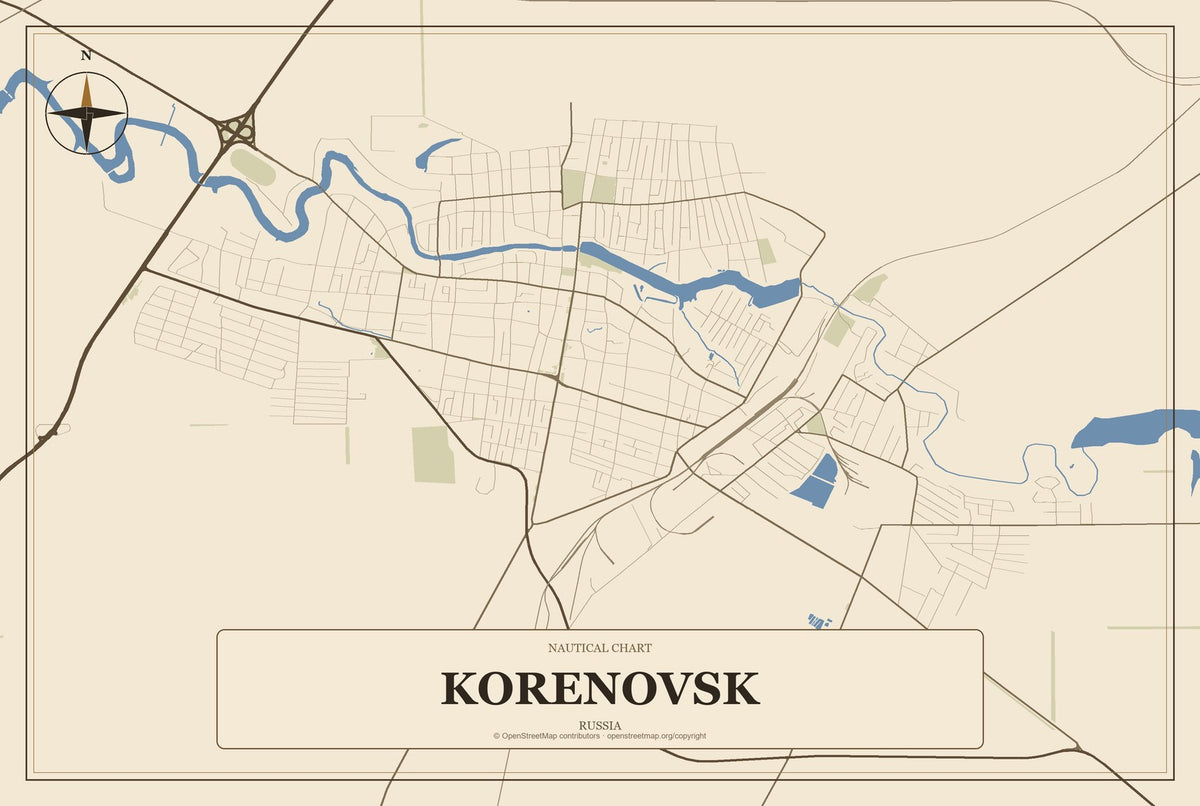 Korenovsk, Russia City Map Aluminum Sign in Heritage Nautical style