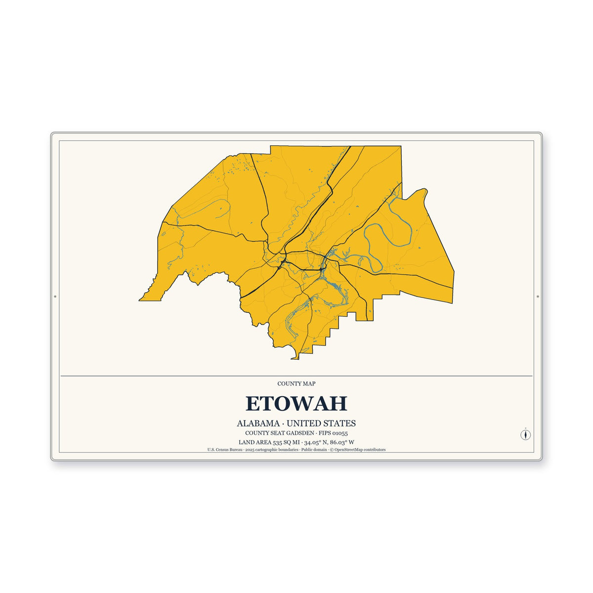 Etowah County, Alabama Map Aluminum Sign in Citrine Modern style