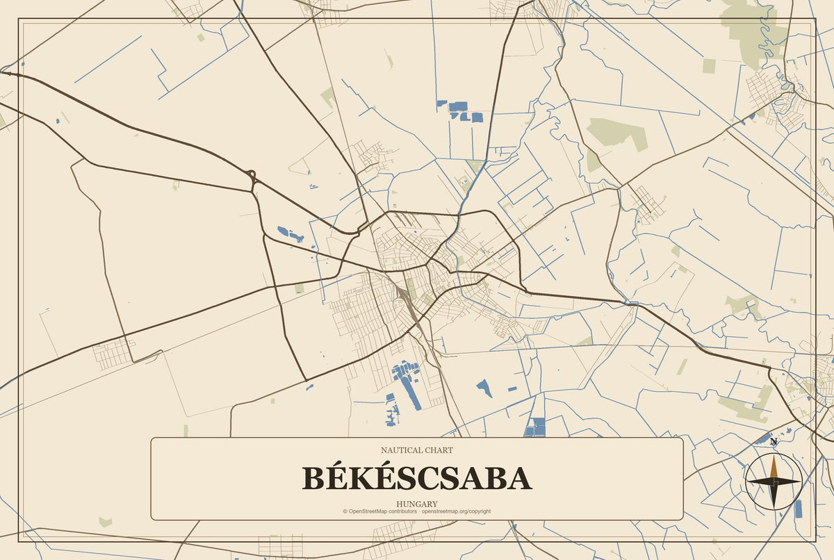Békéscsaba, Hungary City Map Aluminum Sign in Heritage Nautical style