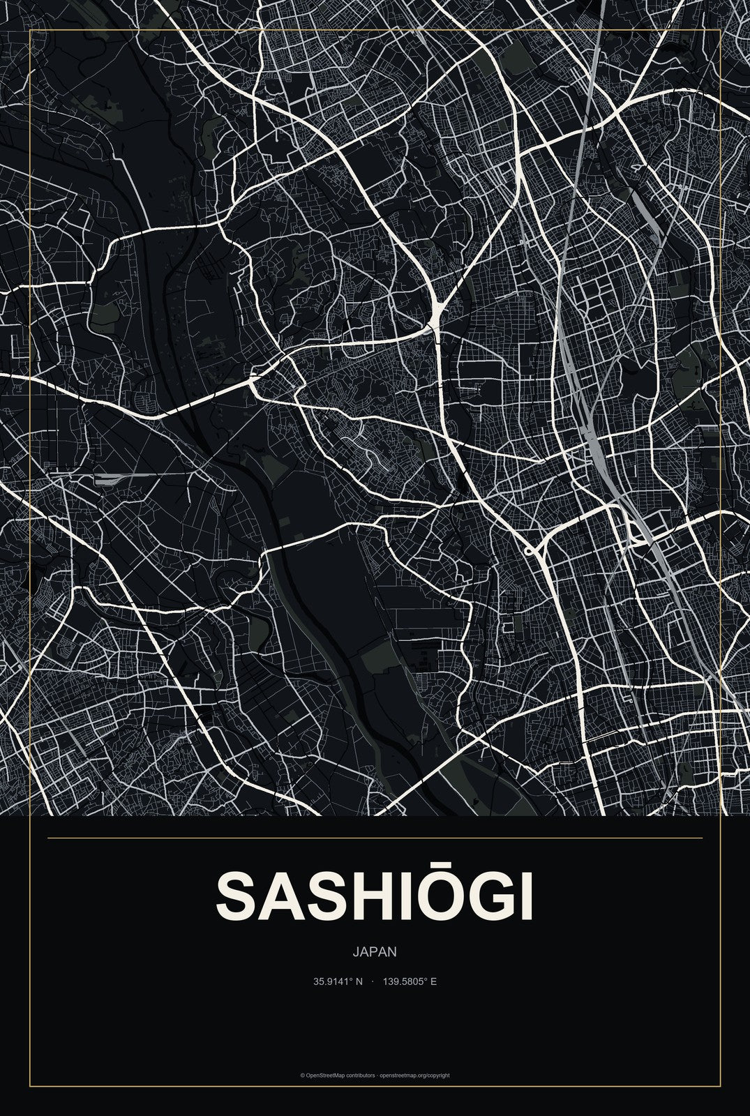 Sashiōgi, Japan City Map Aluminum Sign in Metropolitan Noir style