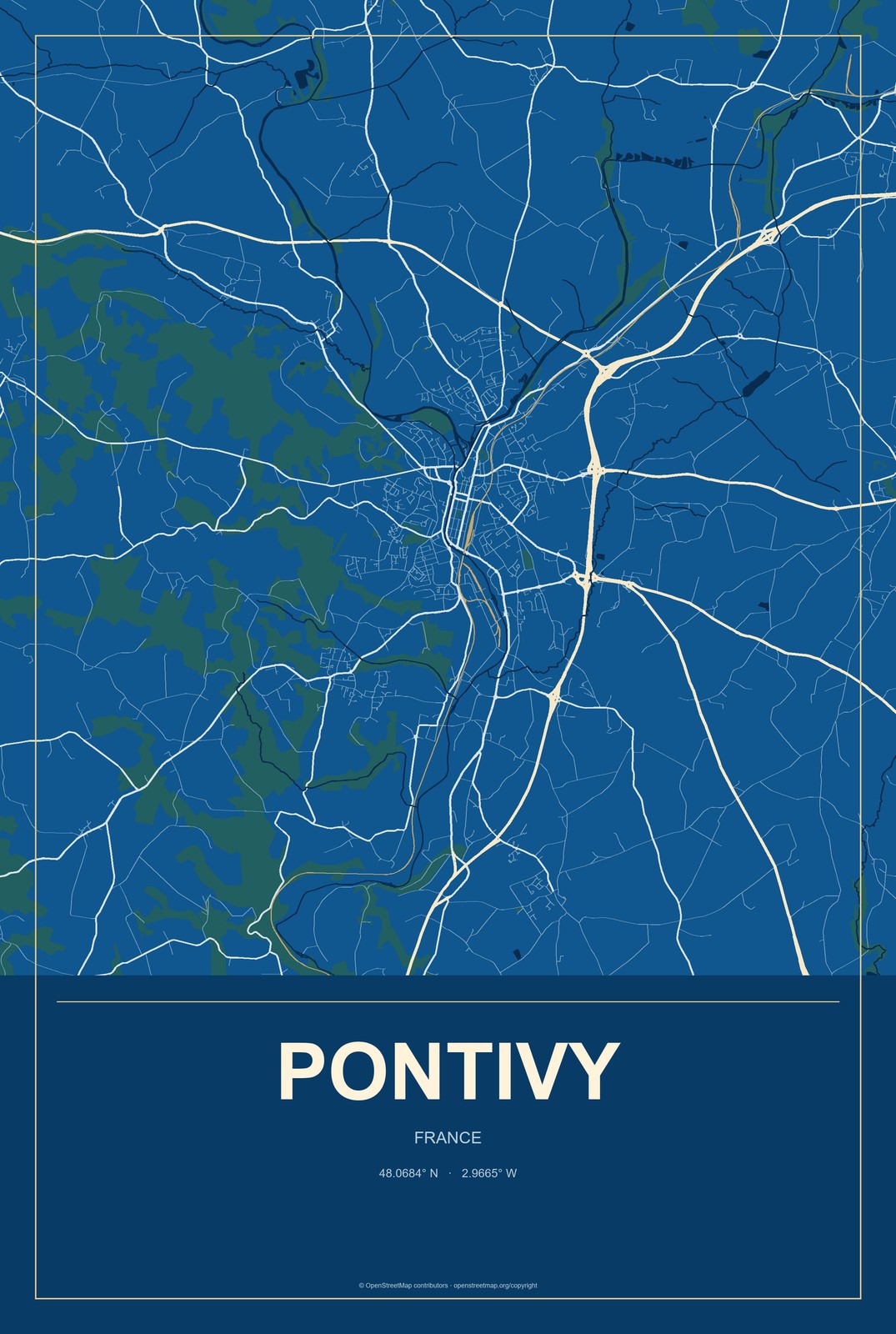 Pontivy, France City Map Aluminum Sign in Harbor Cobalt style