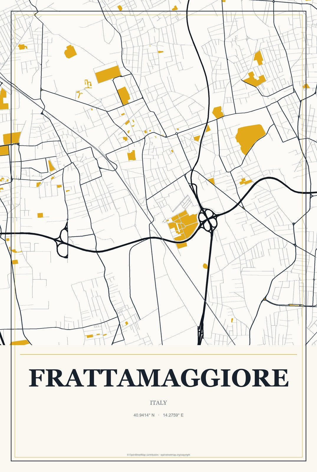 Frattamaggiore, Italy City Map Aluminum Sign in Citrine Modern style