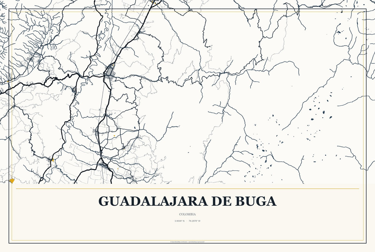 Guadalajara de Buga, Colombia City Map Aluminum Sign in Citrine Modern style