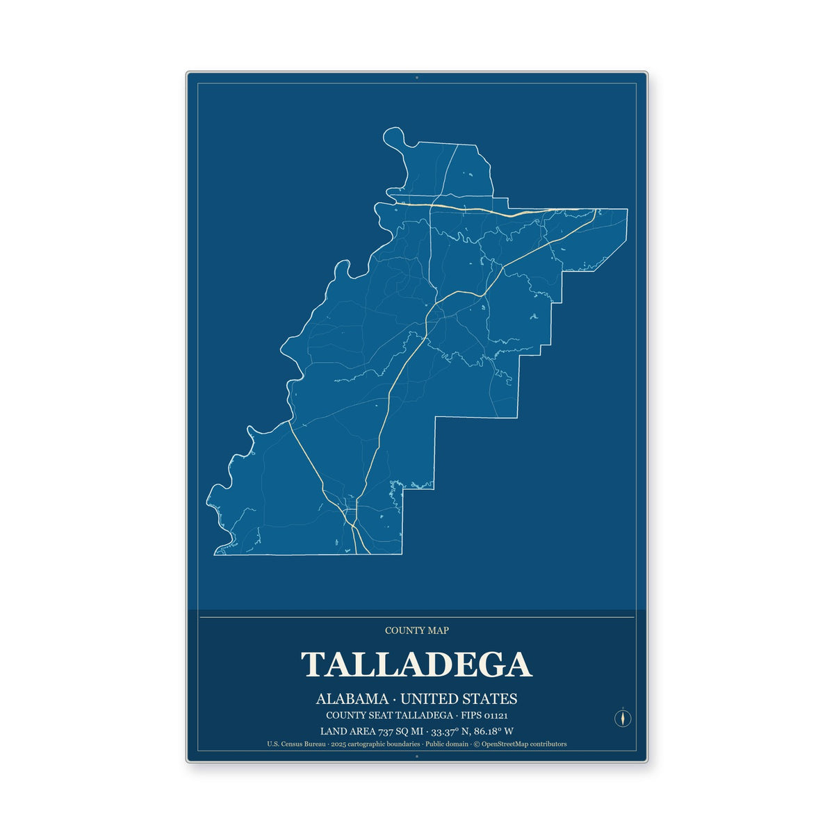 Talladega County, Alabama Map Aluminum Sign in Harbor Cobalt style